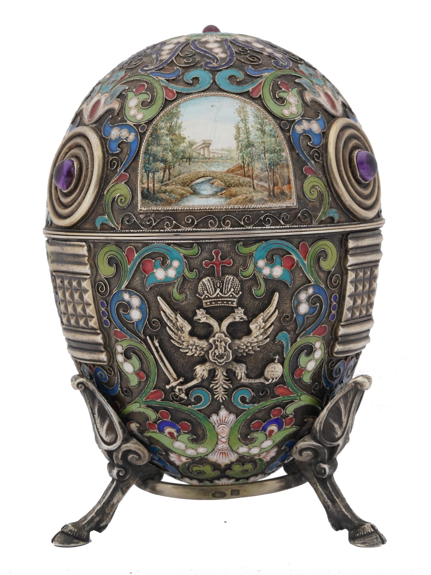 EXTRA LARGE RUSSIAN SILVER ENAMEL EGG WITH STAND PIC-0